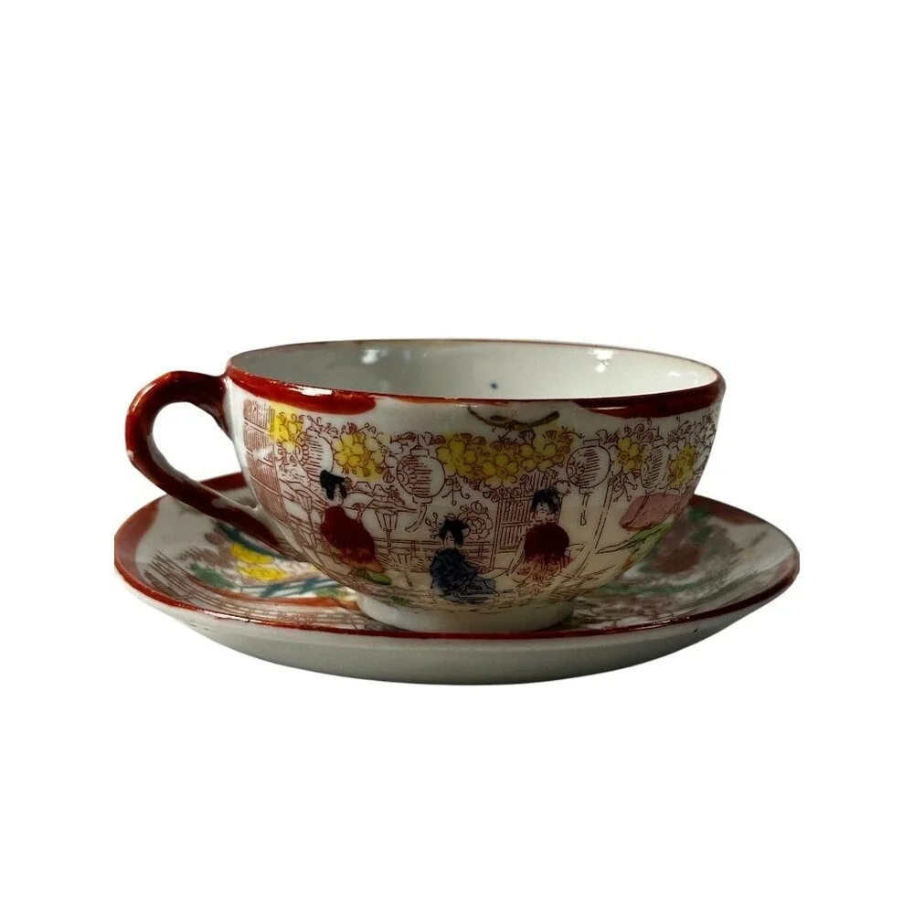 Vtg Japanese Eggshell Porcelain 11 TeaCups 1 Saucer Asian‎ Geisha Hand Painted